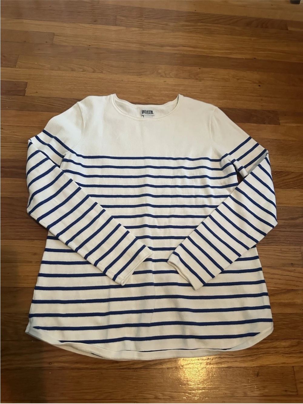 Duluth Trading Co Cream and Blue Striped Crewneck Sweater